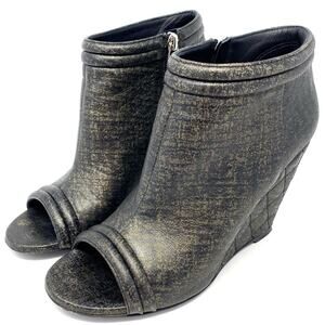 Chanel Gold Black Distressed Open Toe Wedge Booties 38.5 / 7.5